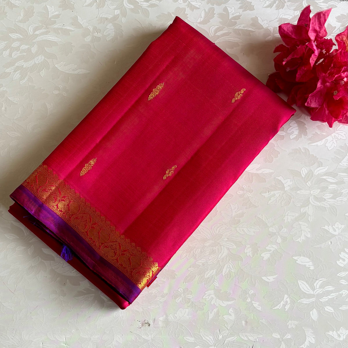 Raspberry Pinkish Red Kanjeevaram Pure Zari Saree With indigo Purple Pallu