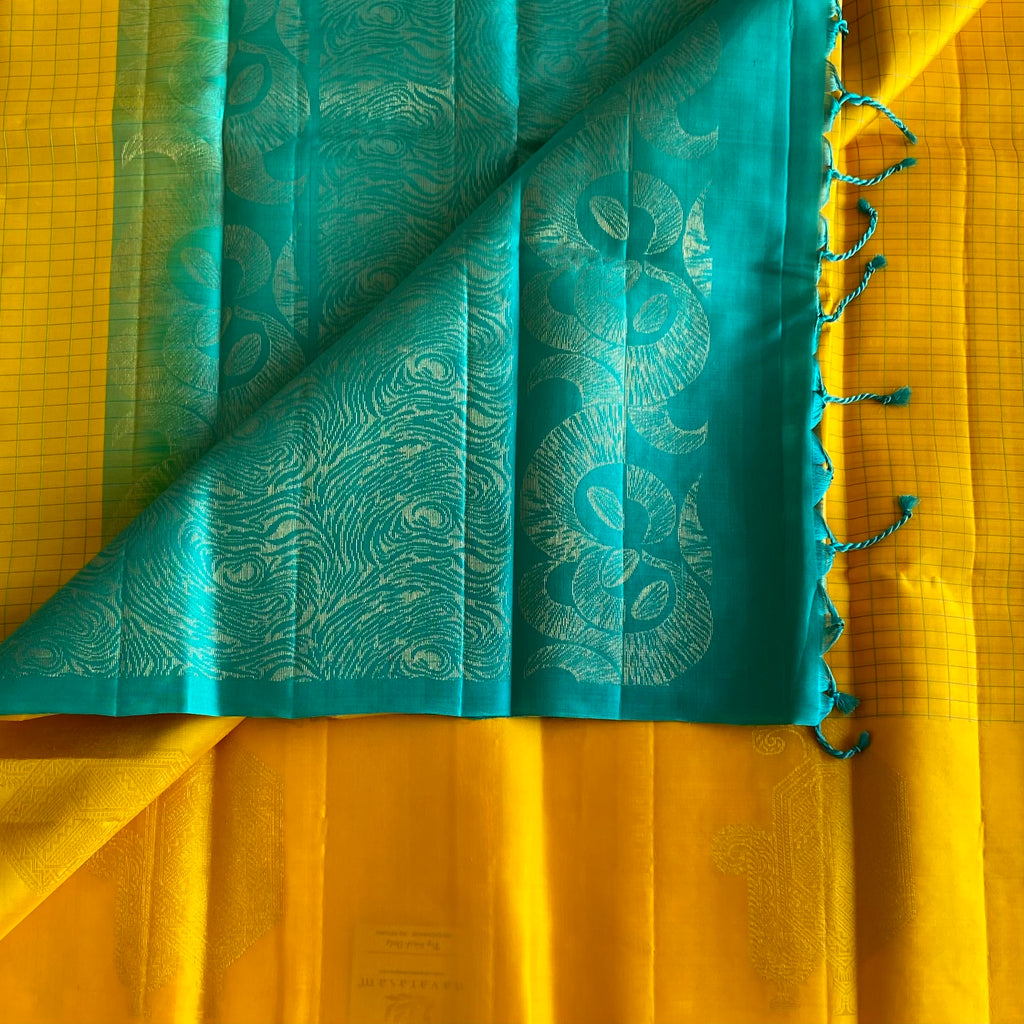 Sunflower Yellow Designer Pure Silk Saree With Teal Pallu And Gold Paisley