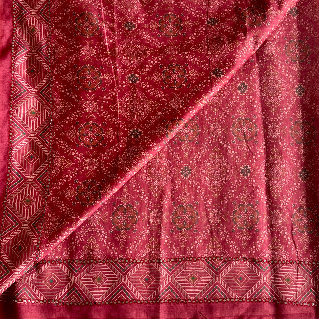 Dreamy Rustic Maroon Softest Tussar Saree With Mirrorwork Borders