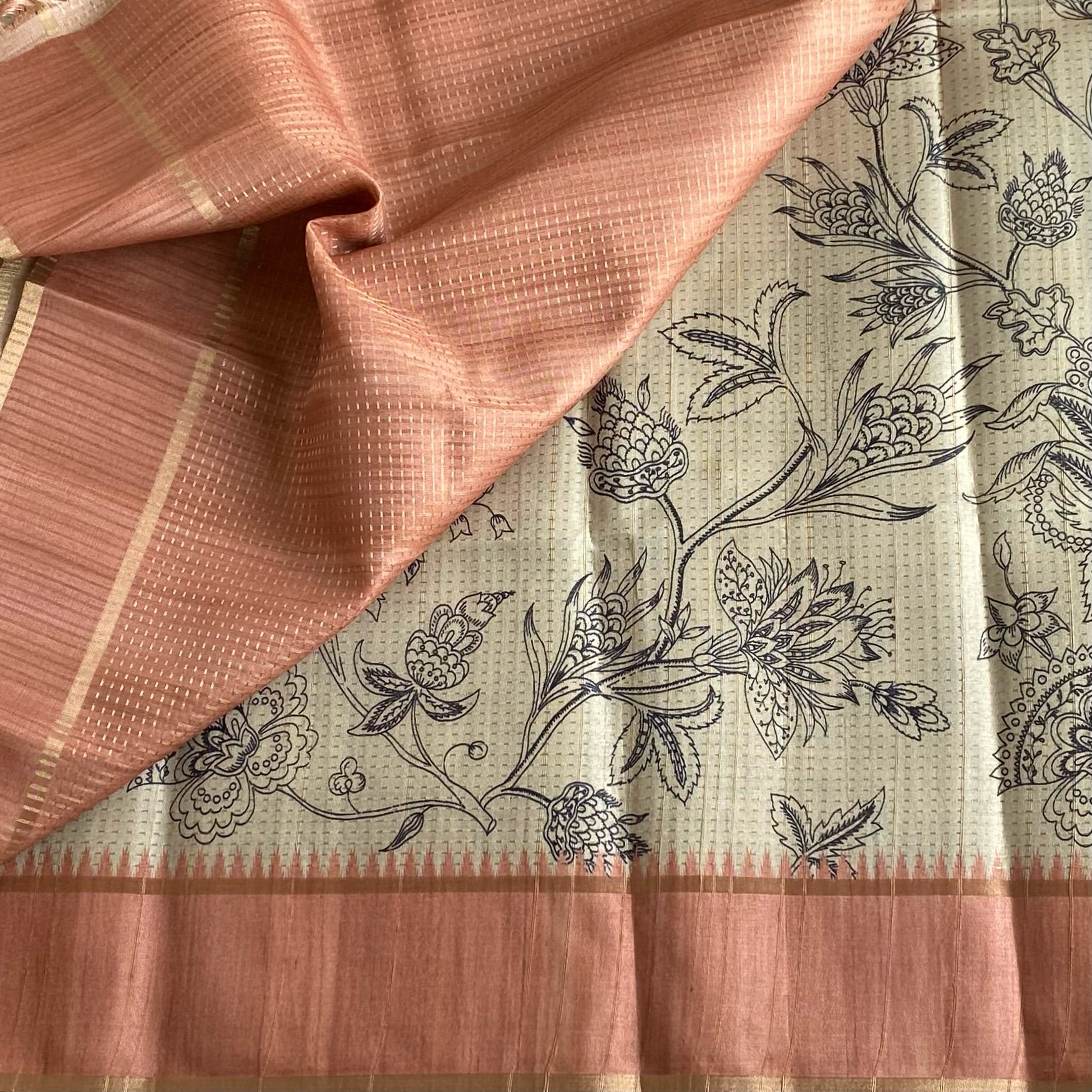 Ecru Beige Soft Tussar Silk Saree With Pastel Orange Panel