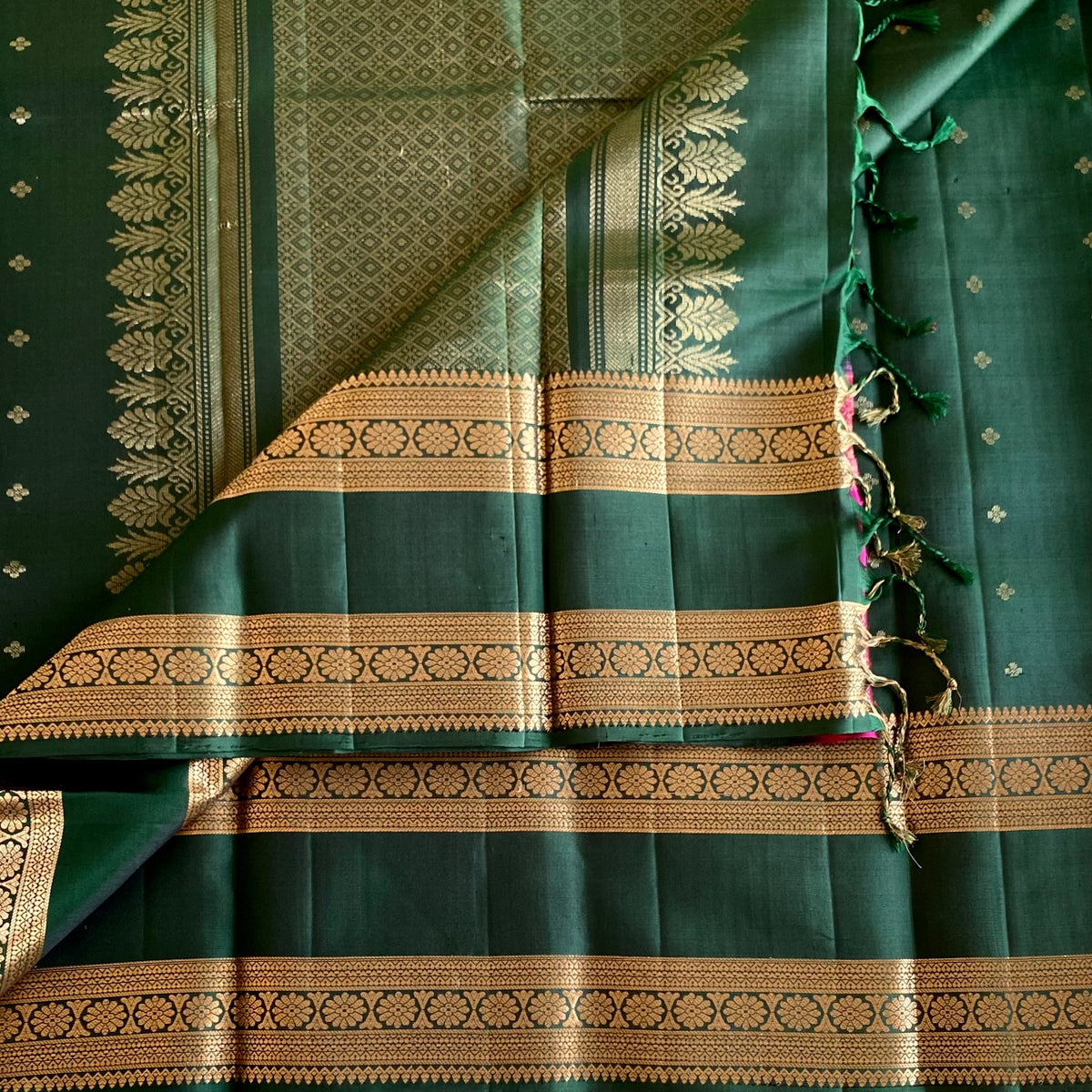 Forest Green Designer Pure Silk Saree With Metallic Gold Border