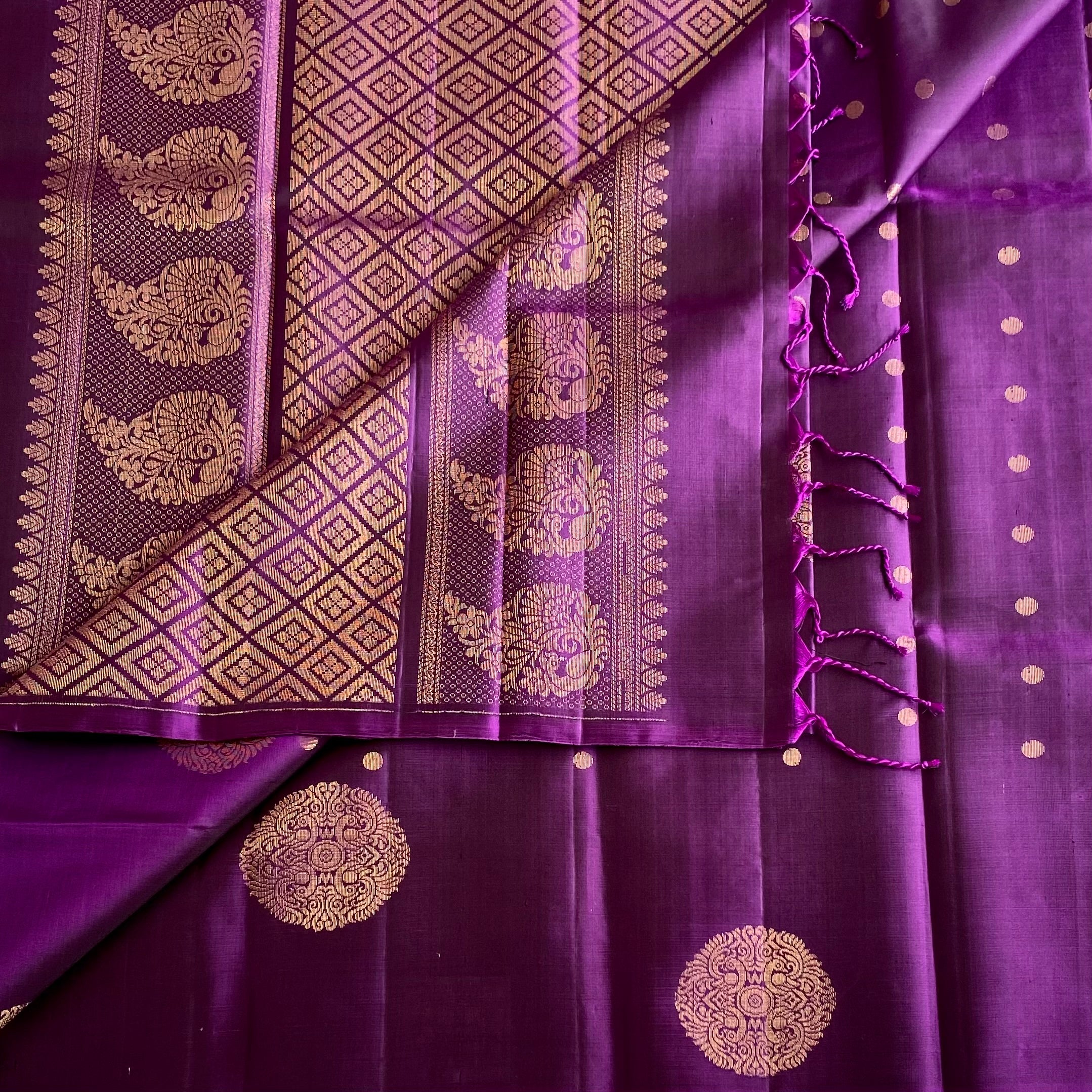Royal Purple Designer Pure Silk Saree With Antique Gold Details