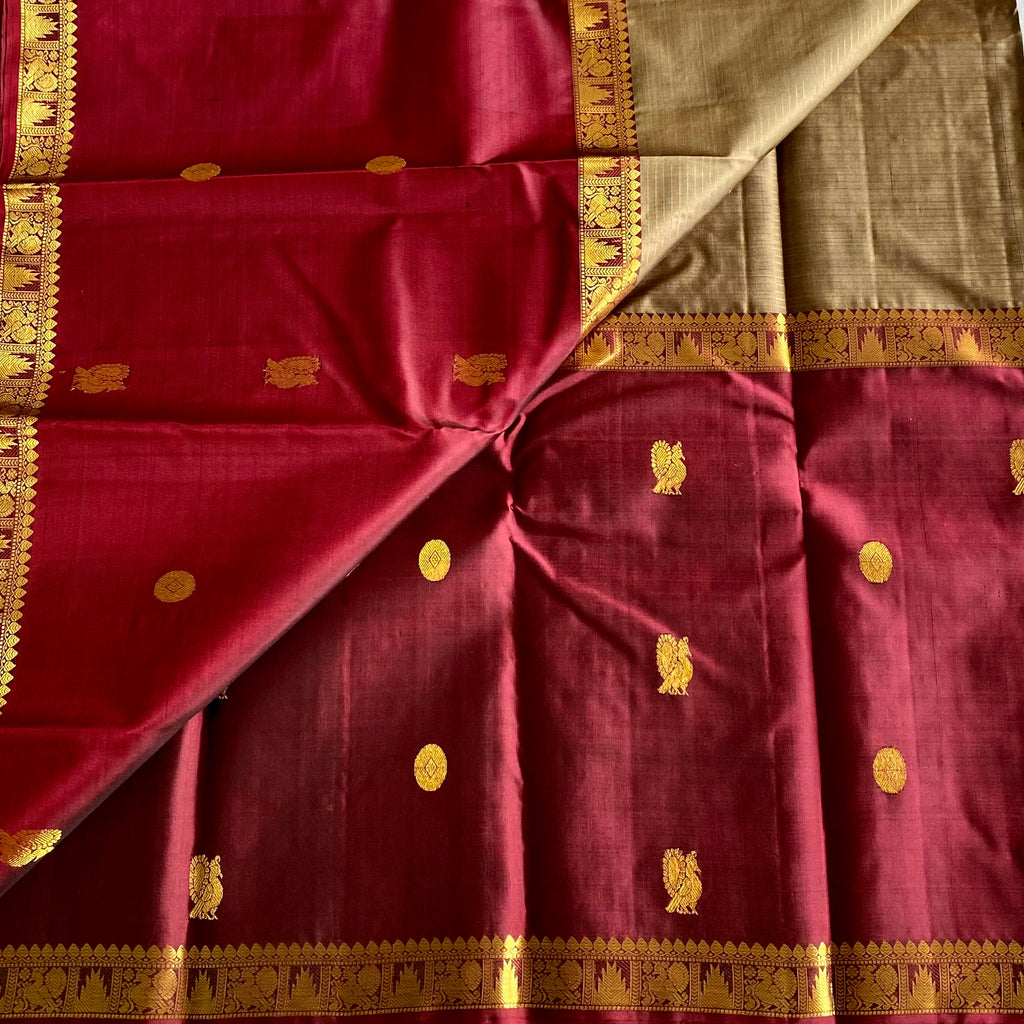 Ganga Jamuna Concept in Maroon, Grey & Bottle Green Pure Kanjeevaram Silk