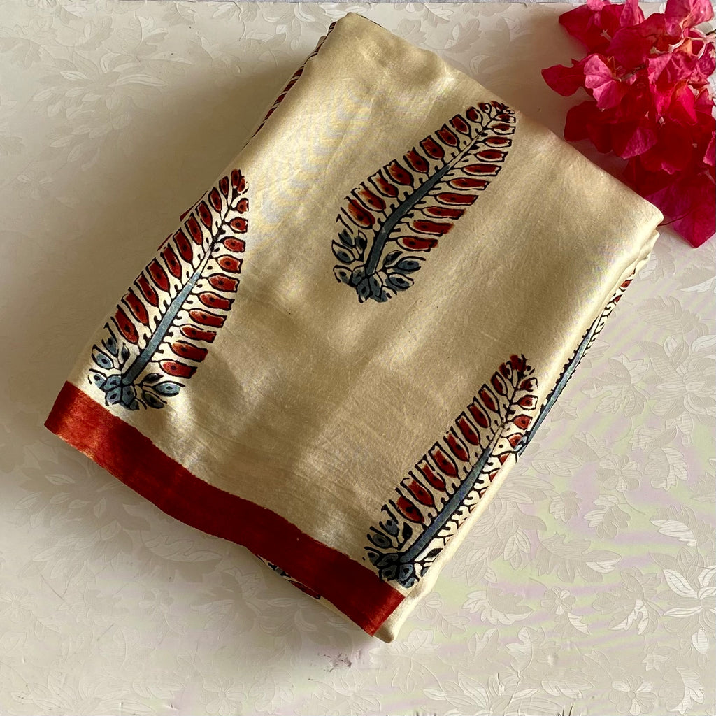 Champagne Beige Ajrakh Handblock Printed Silk Saree With Brick Red Border