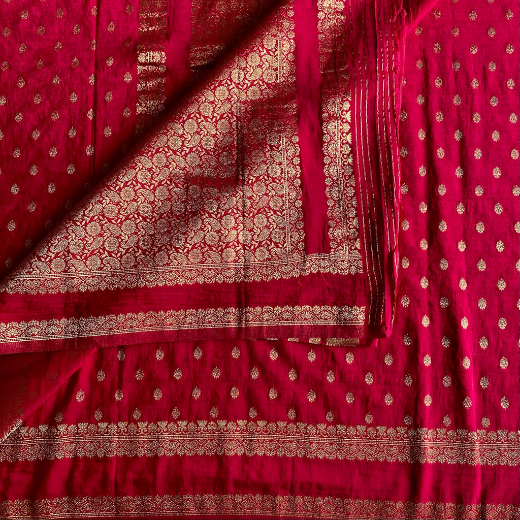 Rani Pinkish Red Soft Tussar Silk Saree With Antique Gold Brocade Pallu