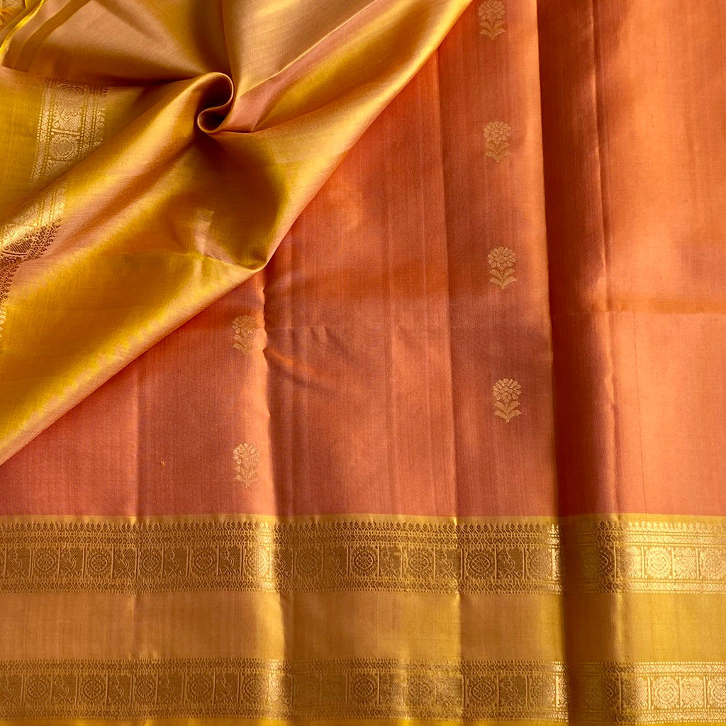 Dreamy Peach With Golden Retta Petta Designer Pure Silk
