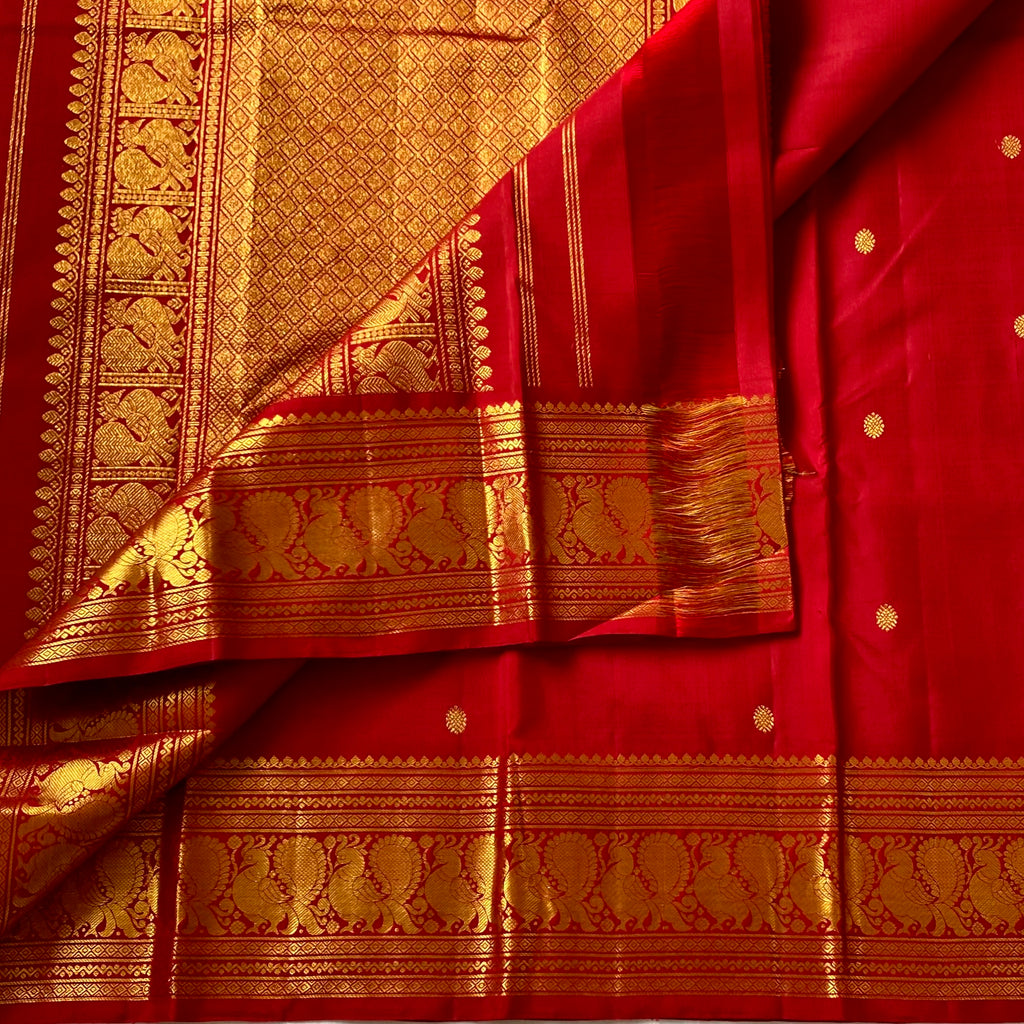 Perfect Red Kanjeevaram Pure Zari Silk Saree With Designer Peacock Borders