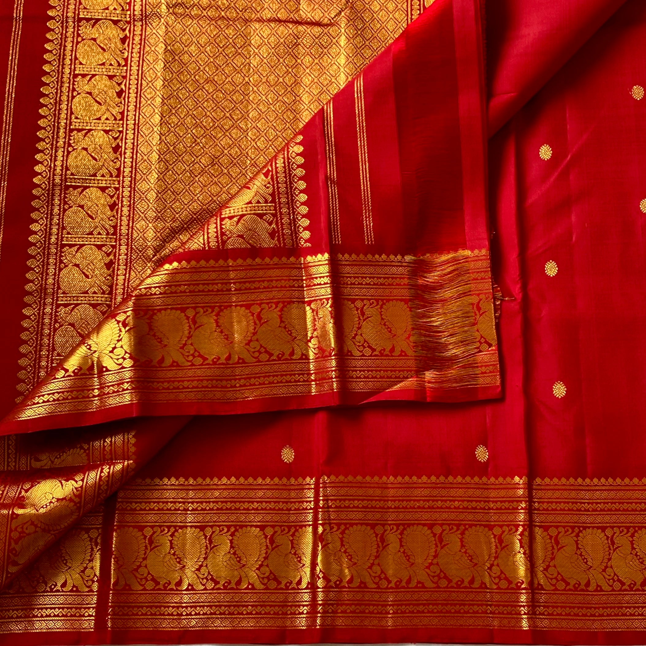Perfect Red Kanjeevaram Pure Zari Silk Saree With Designer Peacock Borders