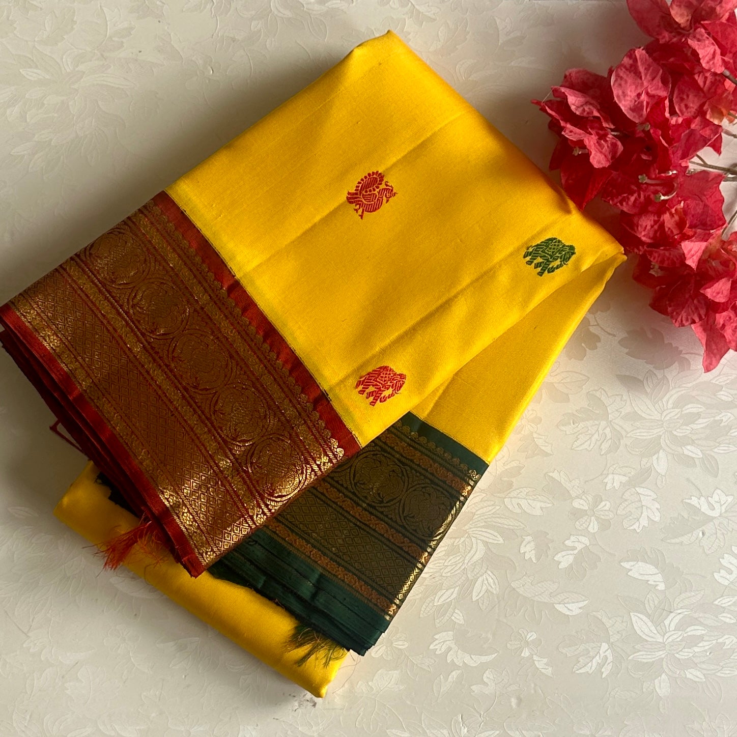 Ganga Jamuna Concept Kanjeevaram Pure Zari Silk Mango Gold Saree With Deep Maroon Stunner