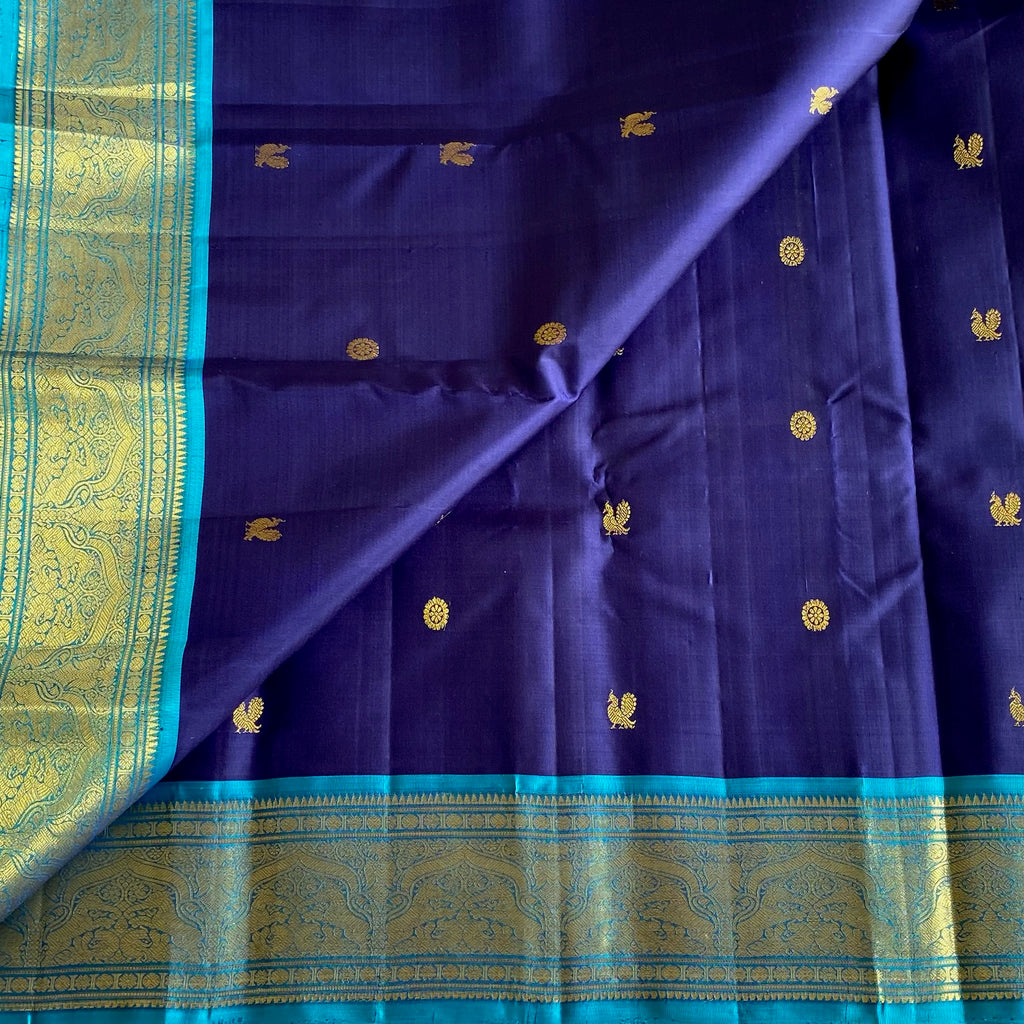 Midnight Blue Kanjeevaram Pure Zari Silk Saree With Turquoise Pallu