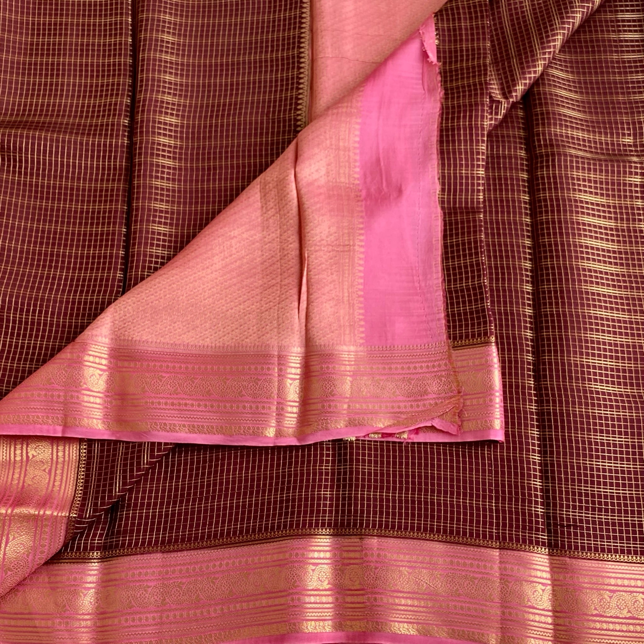 Deep Maroon Soft Crepe Silk Saree Rani Pink Pallu Gold Checks