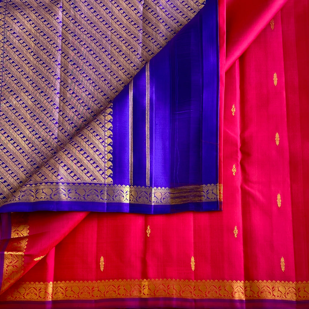 Raspberry Pinkish Red Kanjeevaram Pure Zari Saree With indigo Purple Pallu