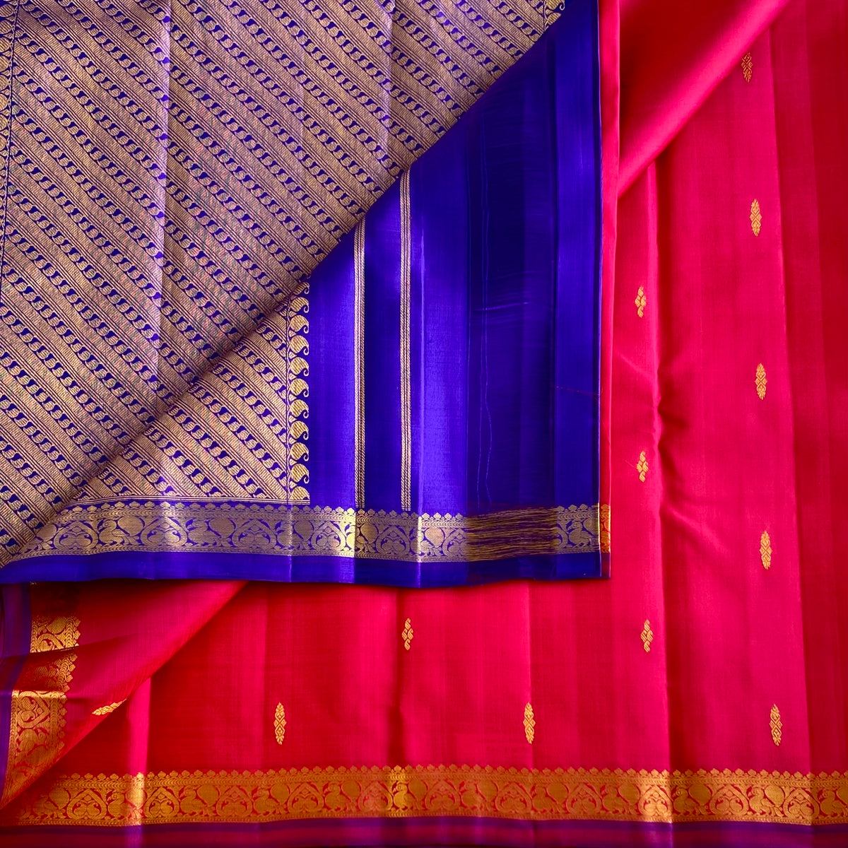 Raspberry Pinkish Red Kanjeevaram Pure Zari Saree With indigo Purple Pallu