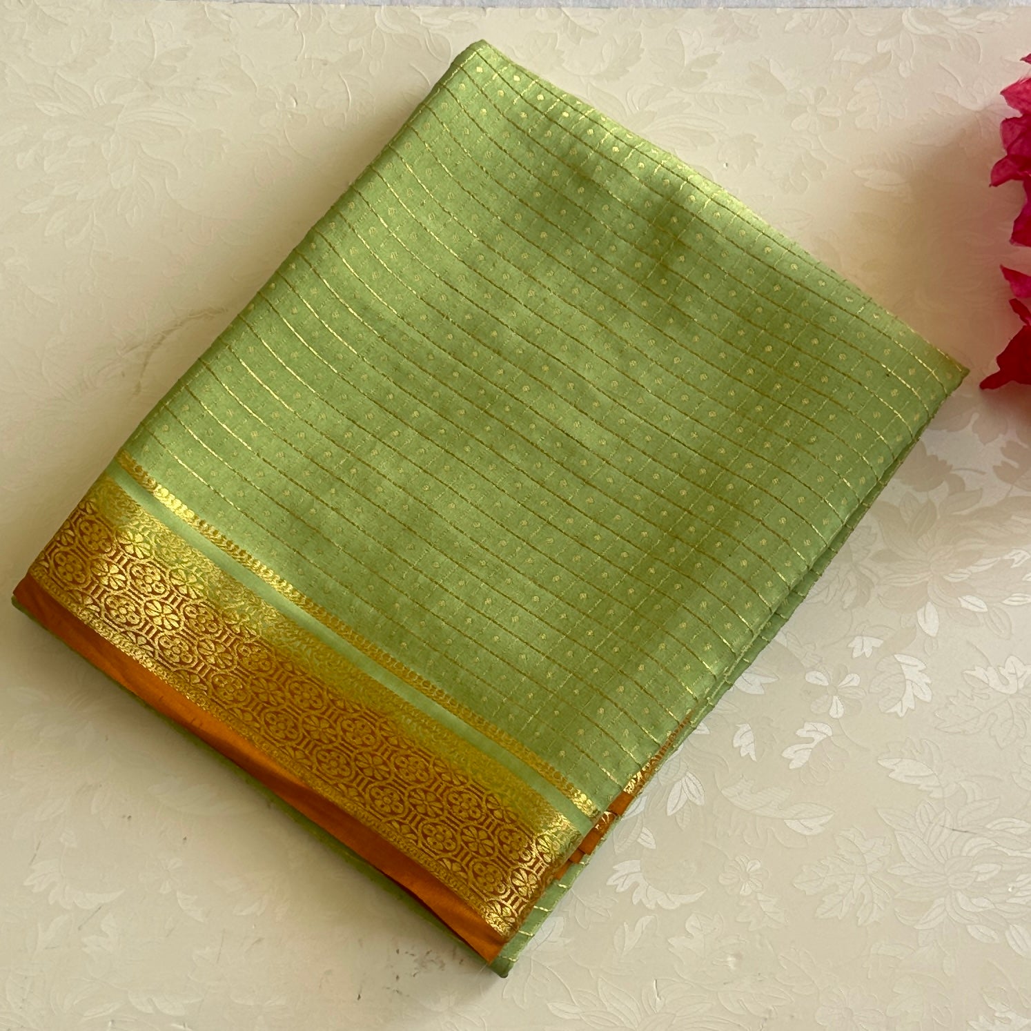 Pistachio Green Saree Gold Dot Grid Amber Orange Border Festive