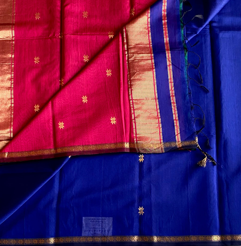 Exquisite Royal blue with rani pink handwoven Maheshwari silk cotton