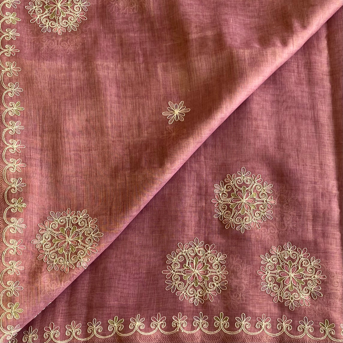 Dusty Rose Soft Tissue Linen Silk Saree With Antique Gold Embroidery