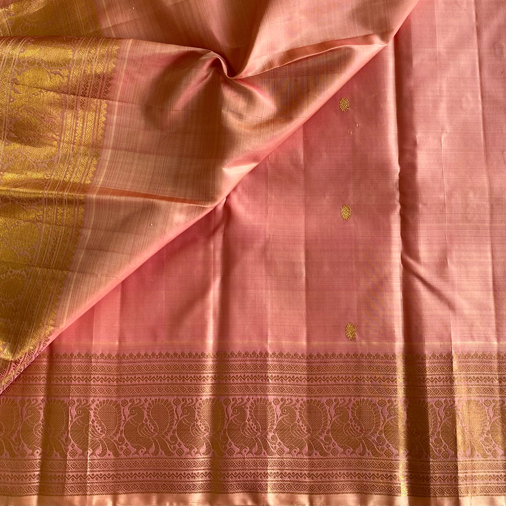 Blush Pink Kanjeevaram Pure Zari Silk Saree Gold Zari Border
