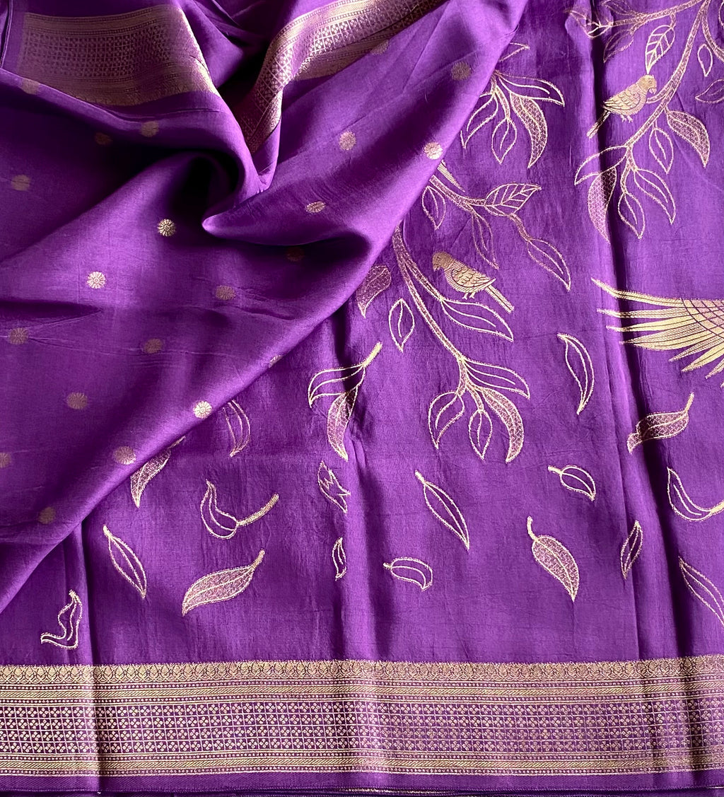 Metallic lavender soft crepe Silk Saree designer Gold Bird Leaf Woven Pallu Border