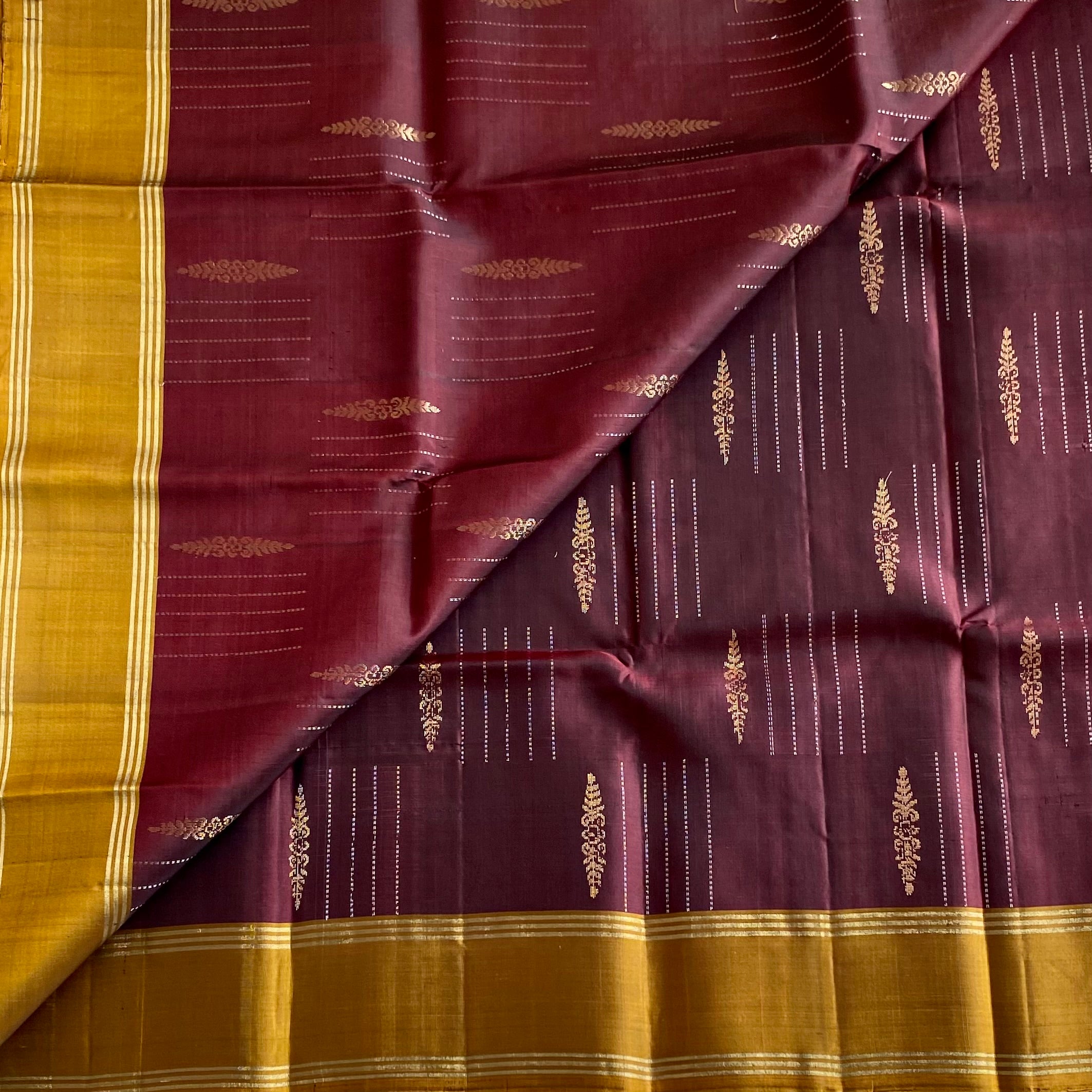 Chocolate Wine Designer Pure Silk Saree With Mustard Gold Pallu