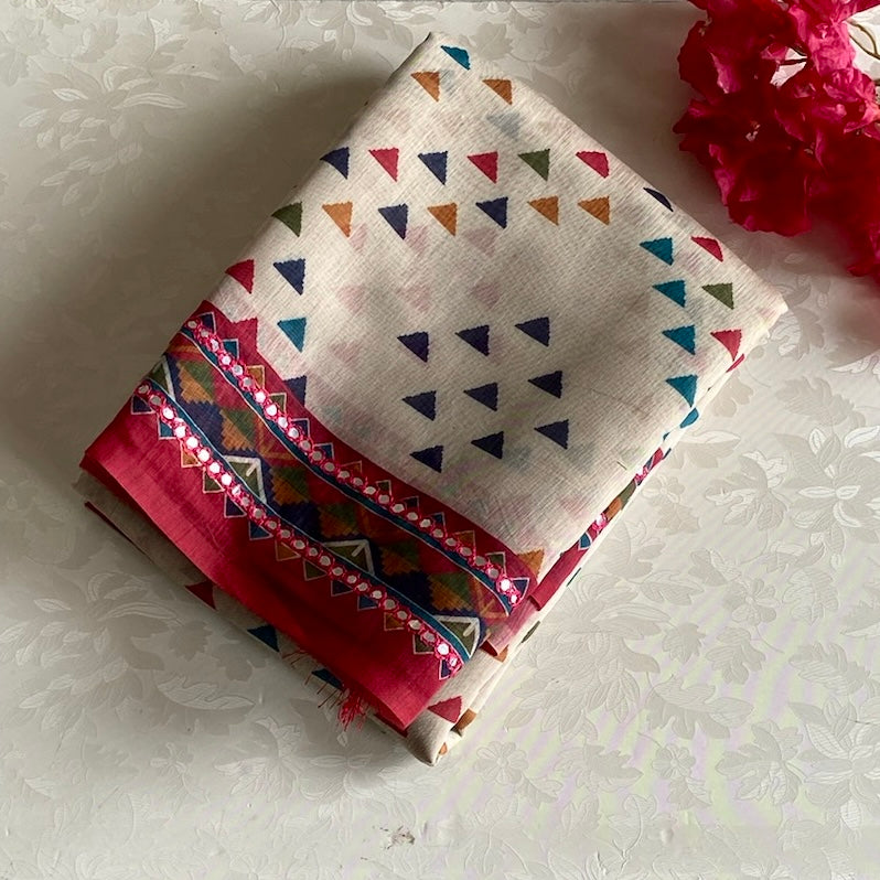 Cloud Grey Softest Lightweight Tussar With Pink Mirror Work Borders