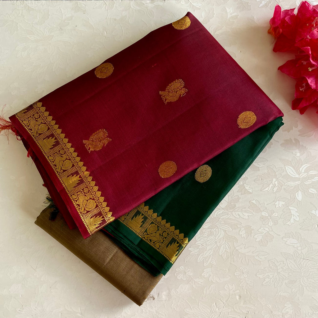 Ganga Jamuna Concept in Maroon, Grey & Bottle Green Pure Kanjeevaram Silk