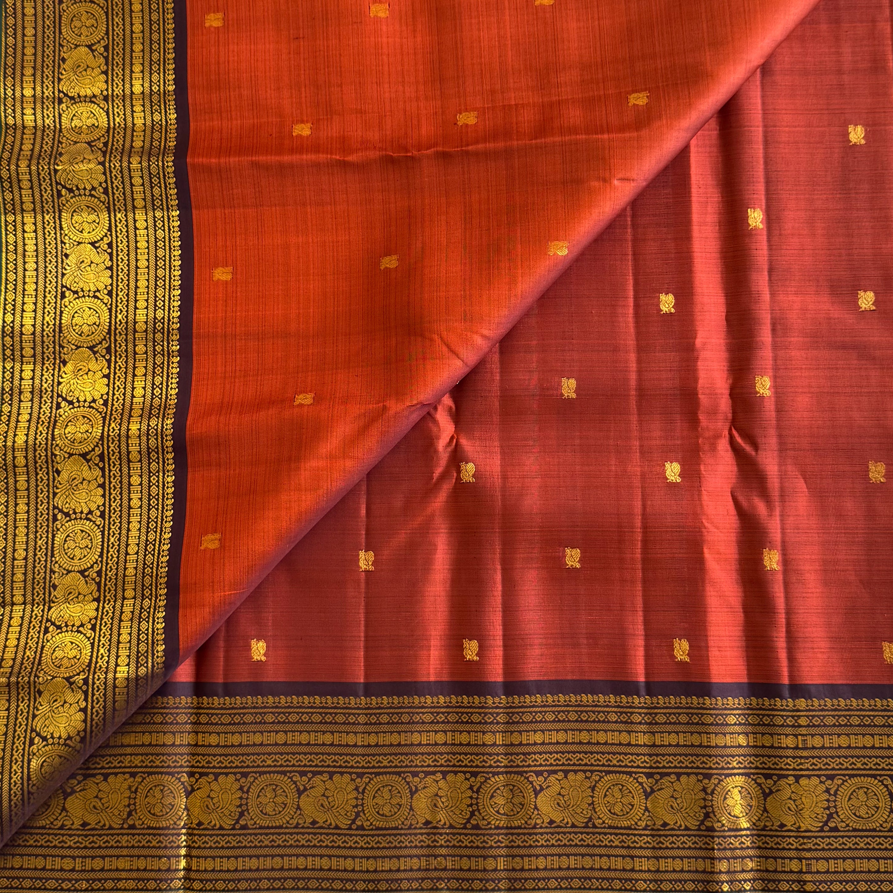 Vintage Classic Rust Kanjeevaram Silk with Deep Wine Brown Pure Zari stunner