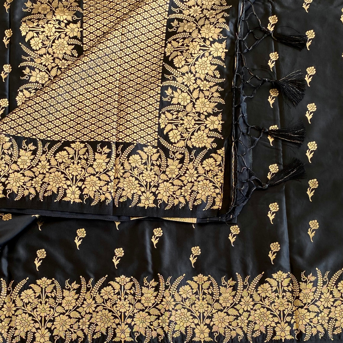 Jet Black gold zari woven designer soft gaji silk