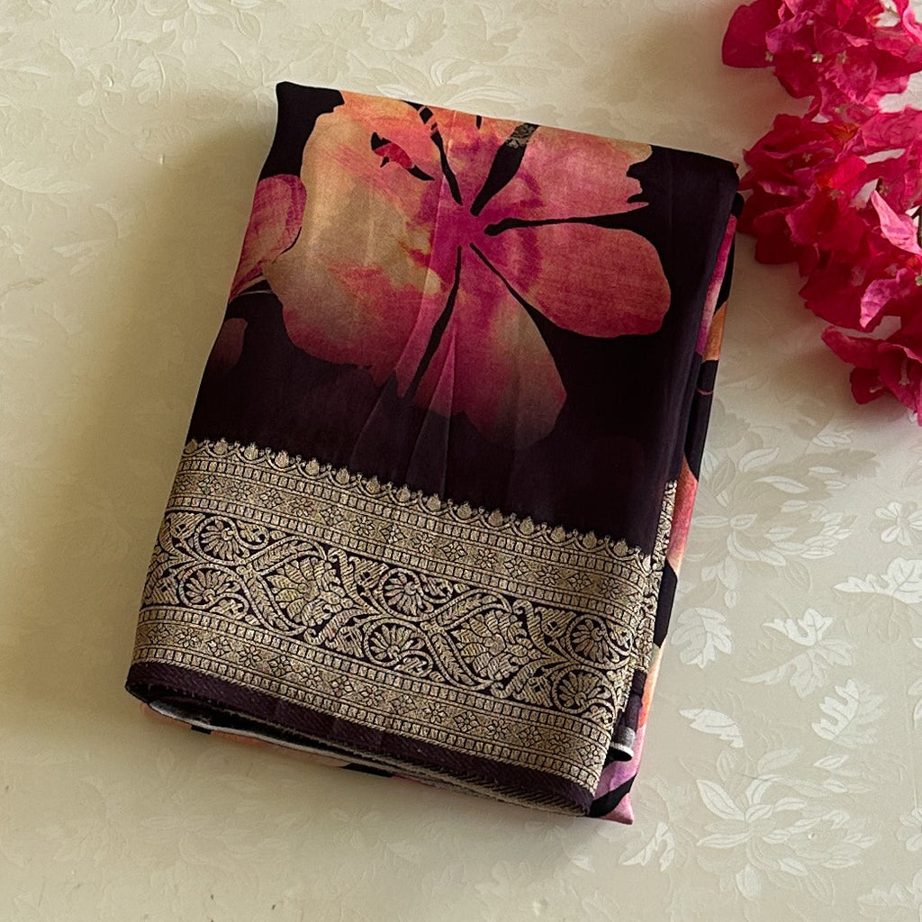 Deep Plum soft tussar Silk  Antique Gold Brocade Floral Pallu Woven Border