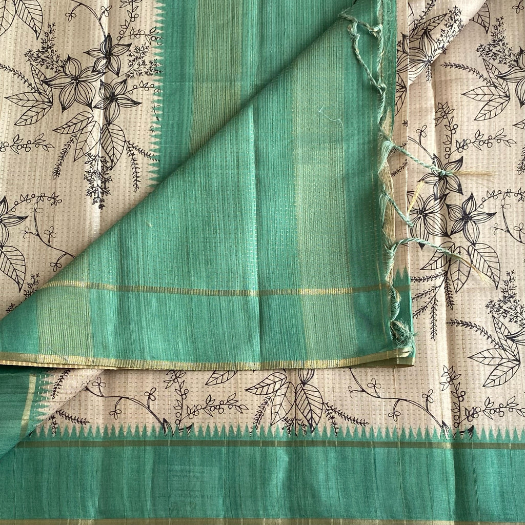 Ecru Beige Soft Tussar Silk Saree With Sea foam Green Panel