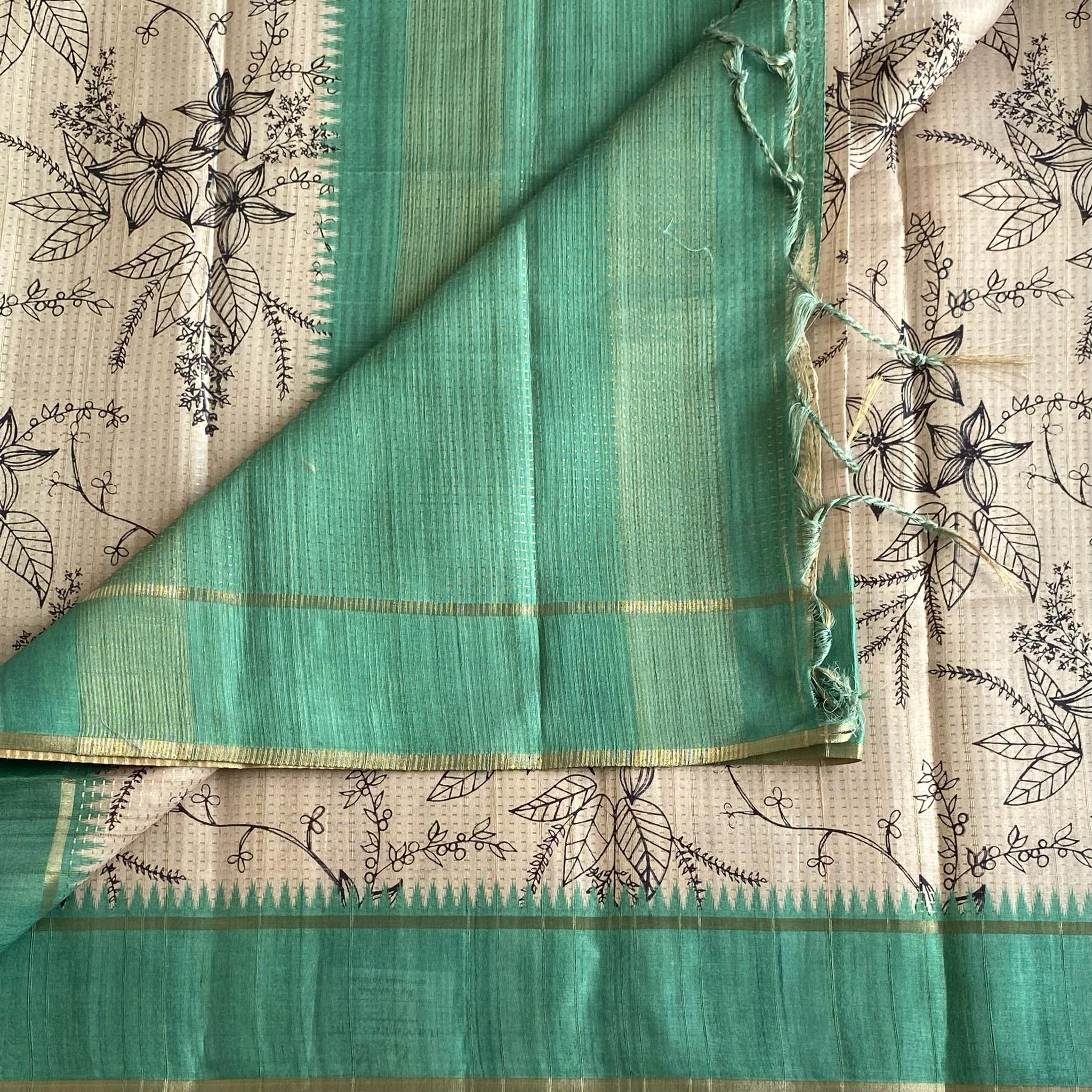 Ecru Beige Soft Tussar Silk Saree With Sea foam Green Panel