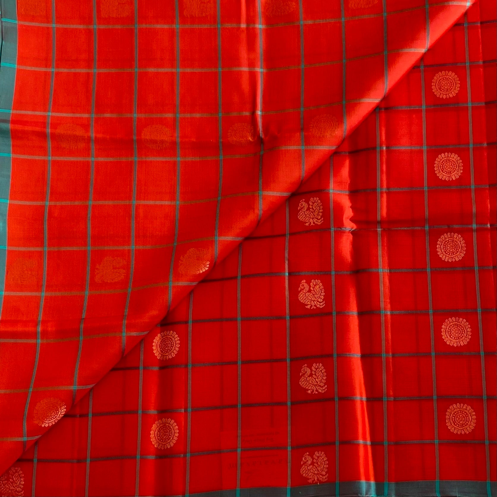 Vermilion Orange Designer Pure Silk Saree With Teal Pallu And Gold Zari