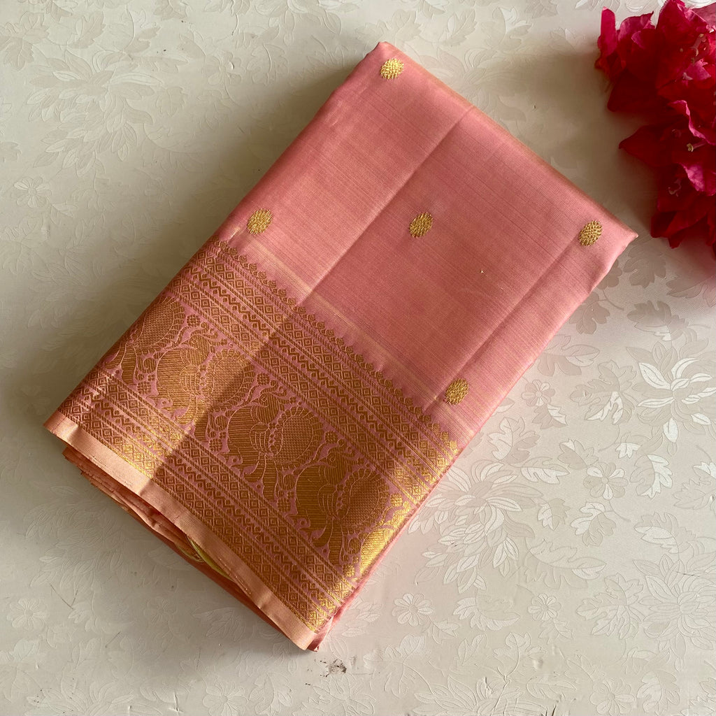 Blush Pink Kanjeevaram Pure Zari Silk Saree Gold Zari Border