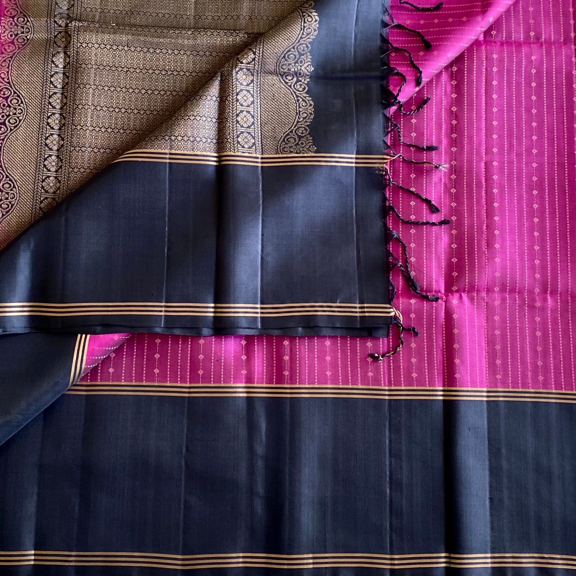 Deep Magenta Designer Pure Silk with Jet Black Contrast
