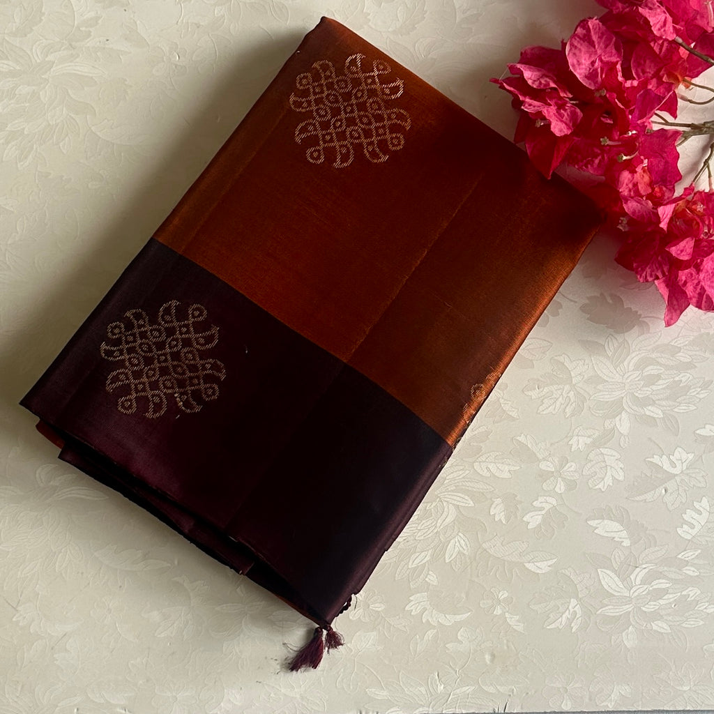 Burnt Orange Designer Pure Silk Saree With Deep Wine Pallu