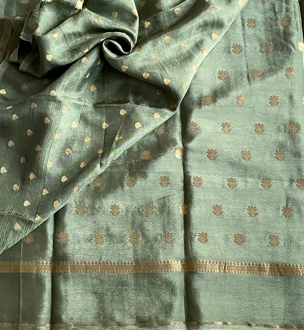 Sage Green soft crepe Saree Gold Buti Woven Zari Border Elegant