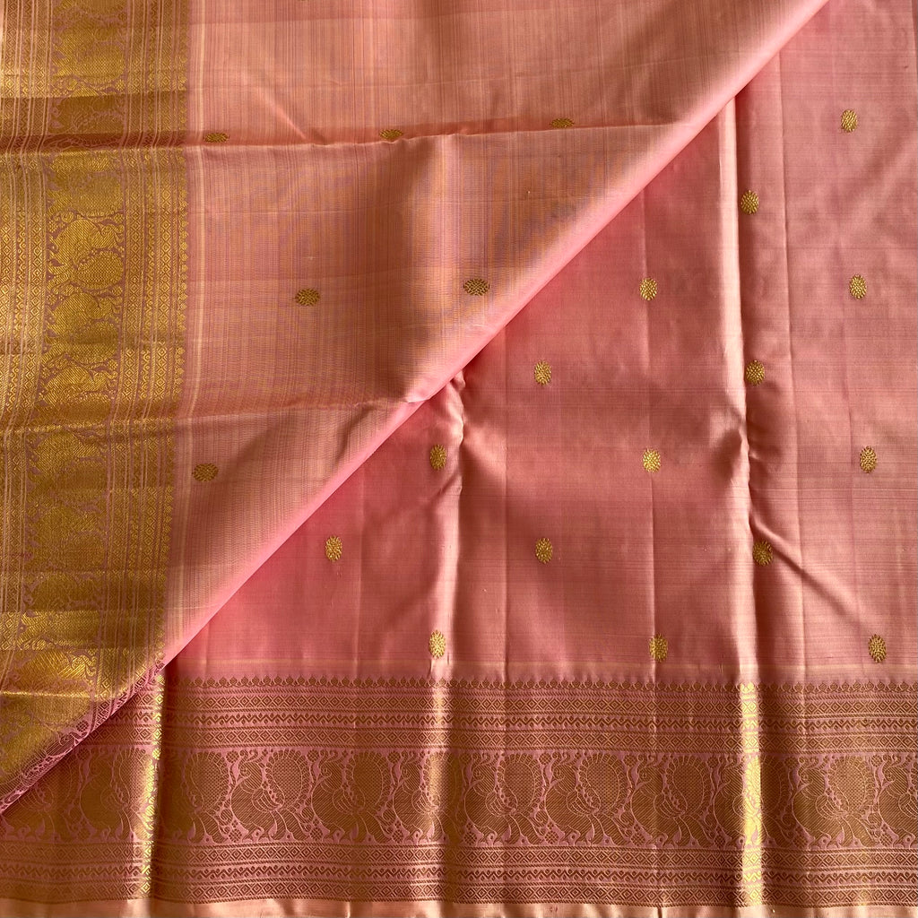 Blush Pink Kanjeevaram Pure Zari Silk Saree Gold Zari Border