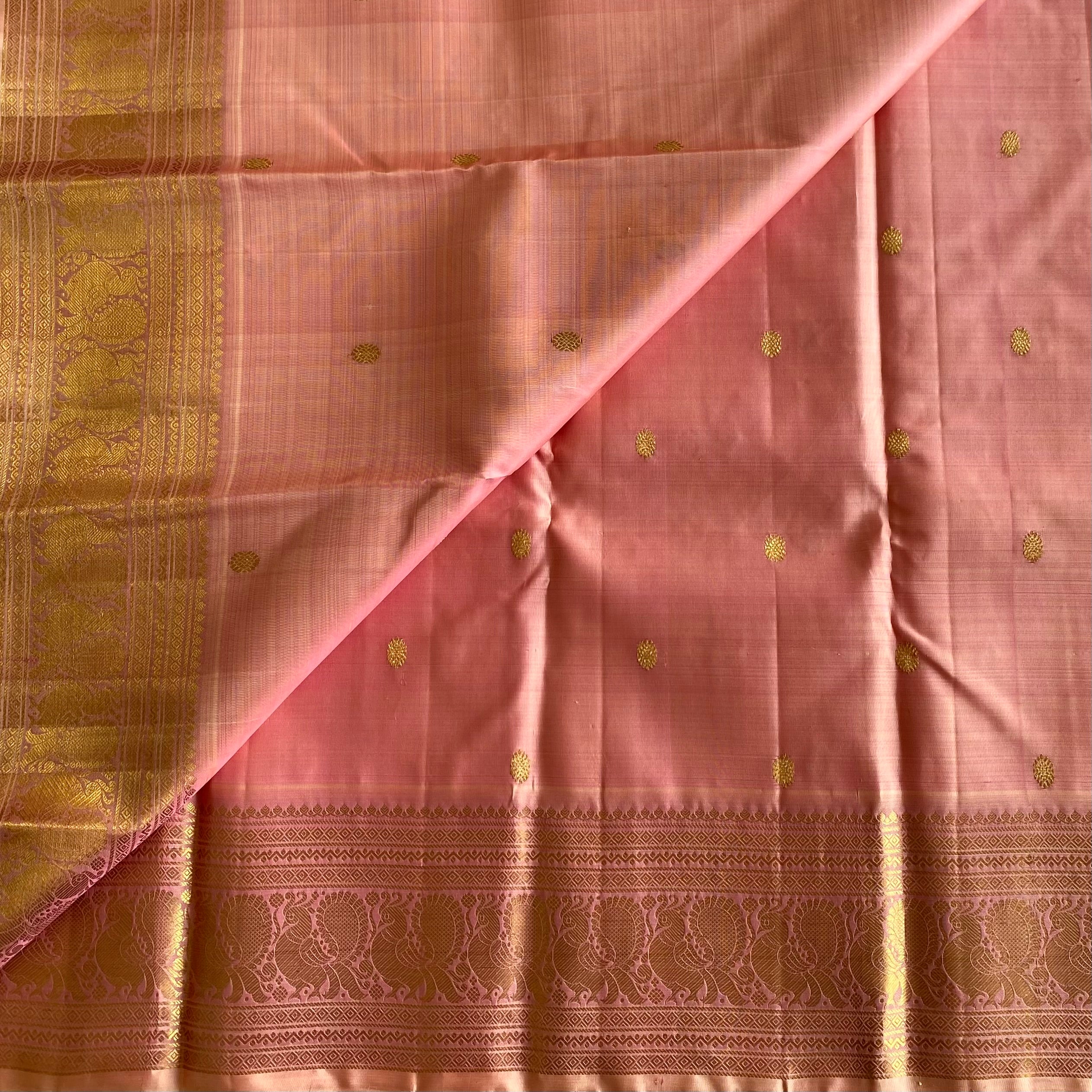 Blush Pink Kanjeevaram Pure Zari Silk Saree Gold Zari Border