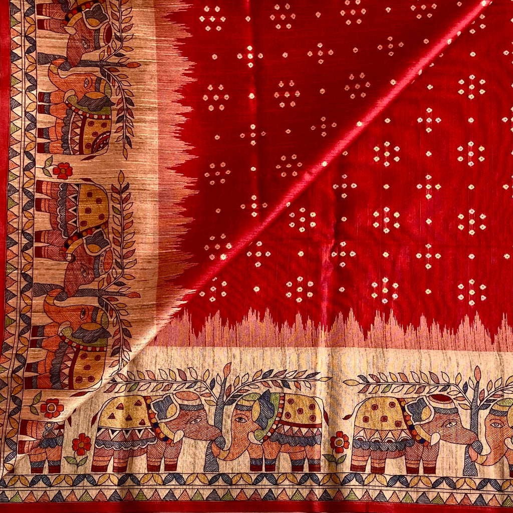 Crimson Red Soft Tusaar Silk with Printed Designer Warli Borders & Pallu