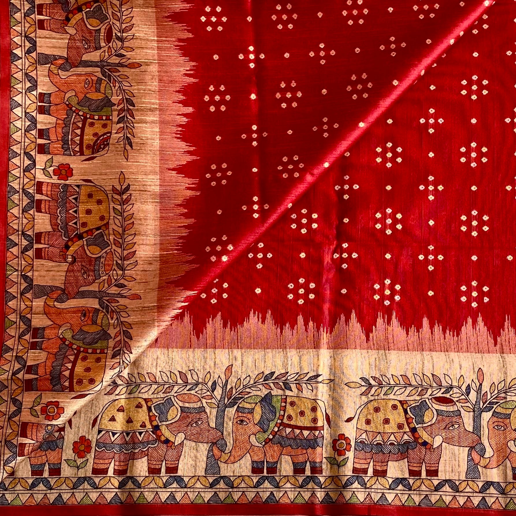 Crimson Red Soft Tusaar Silk with Printed Designer Warli Borders & Pallu