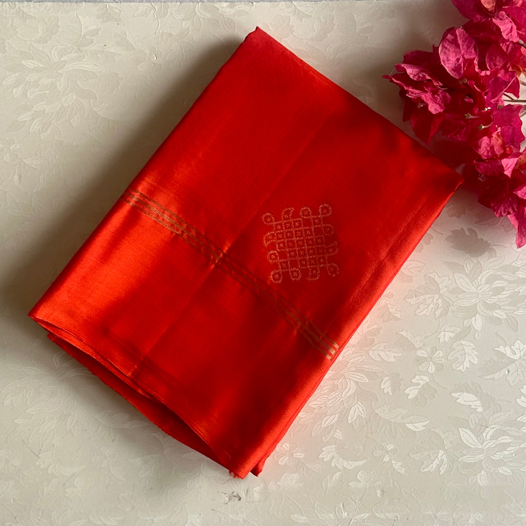 Kanakambari Orange Designer Pure Silk Saree With Metallic Gold Kollam Zari