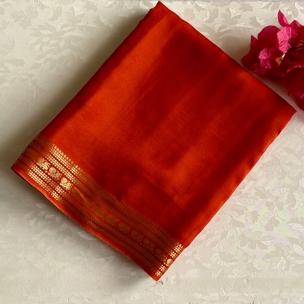 Burnt Orange Premium Soft Crepe Silk With Metallic Gold Pallu