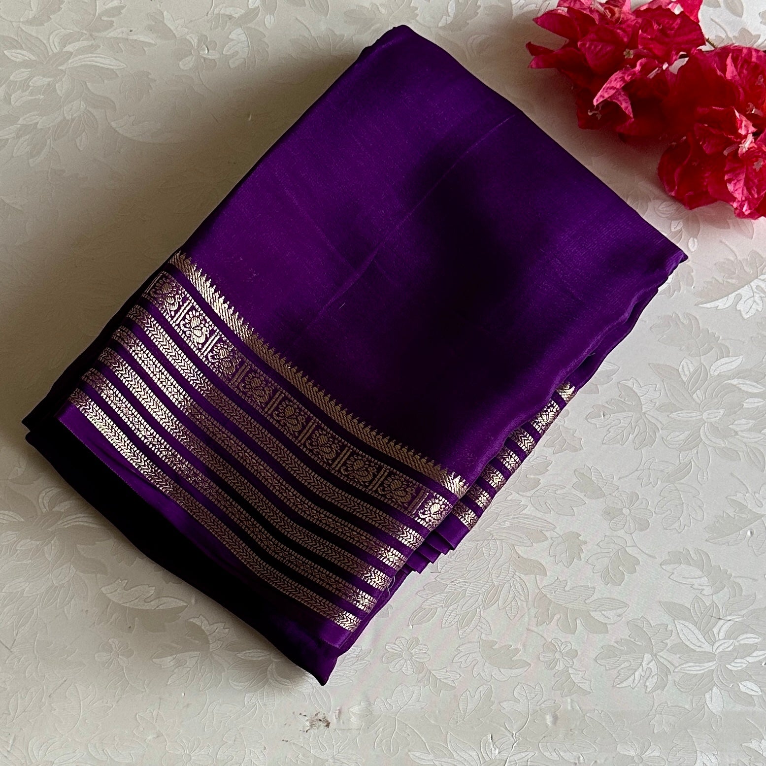 Royal Purple Soft Crepe Silk Saree With Antique Gold Border