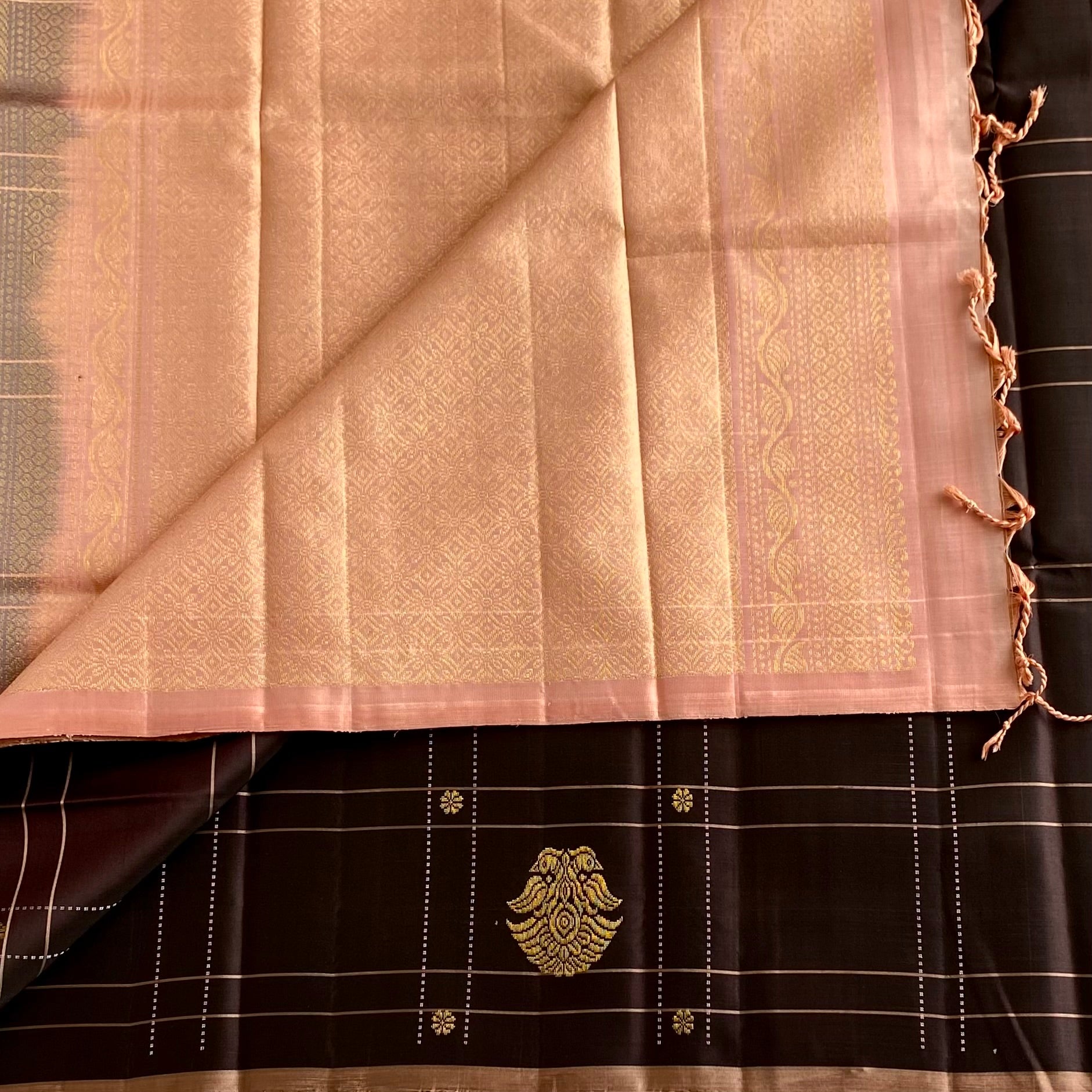Chocolate Brown Checkered Designer Pure Silk Saree With Blush Peach Pallu