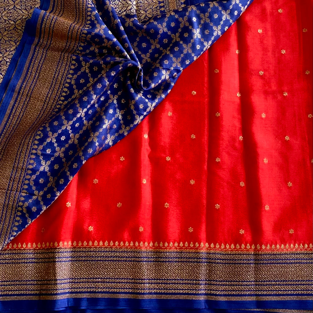 Scarlet Red Banarasi Crepe Silk Saree With Royal Blue Pallu
