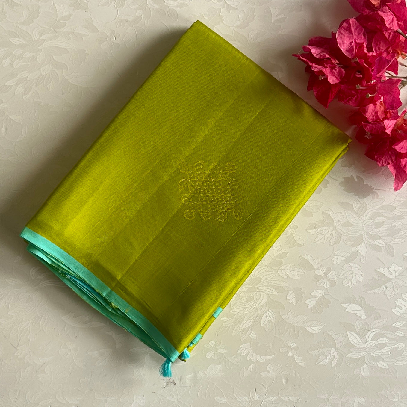Lime Green Designer Pure Silk Saree With Aqua Blue Pallu & Kollam Zari