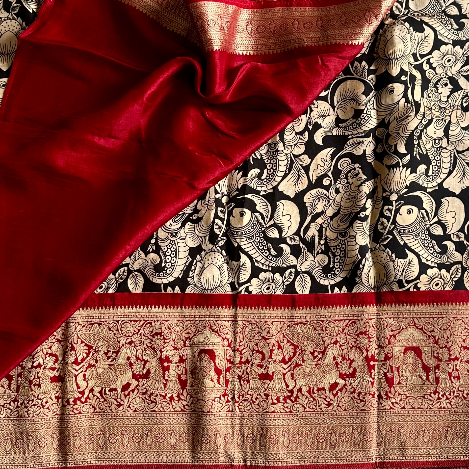 Jet Black Kalamkari Soft Tussar Silk Saree With Rich Maroon Pallu And Zari