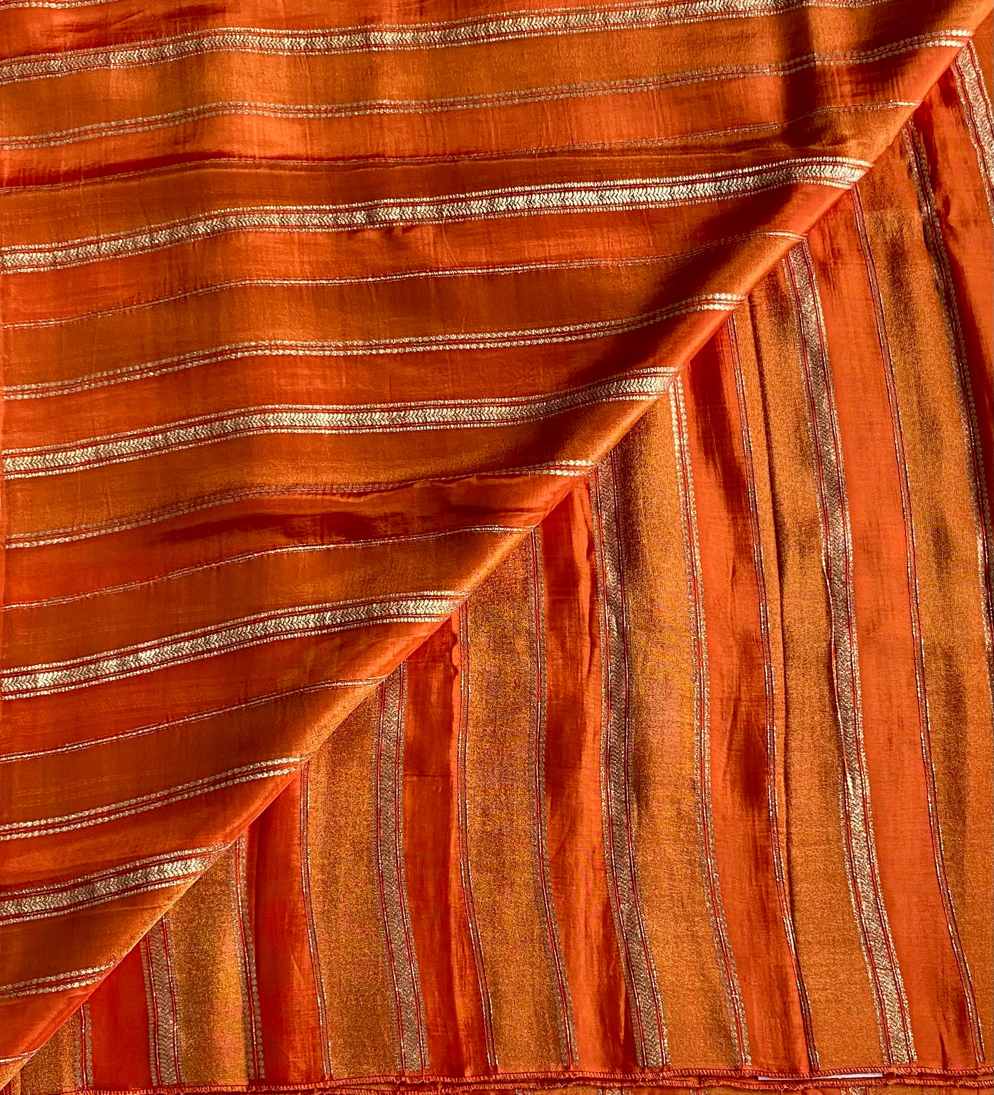Burnt Orange soft blended Silk Saree Gold Buti Vertical Stripes designer drape Festive Traditional