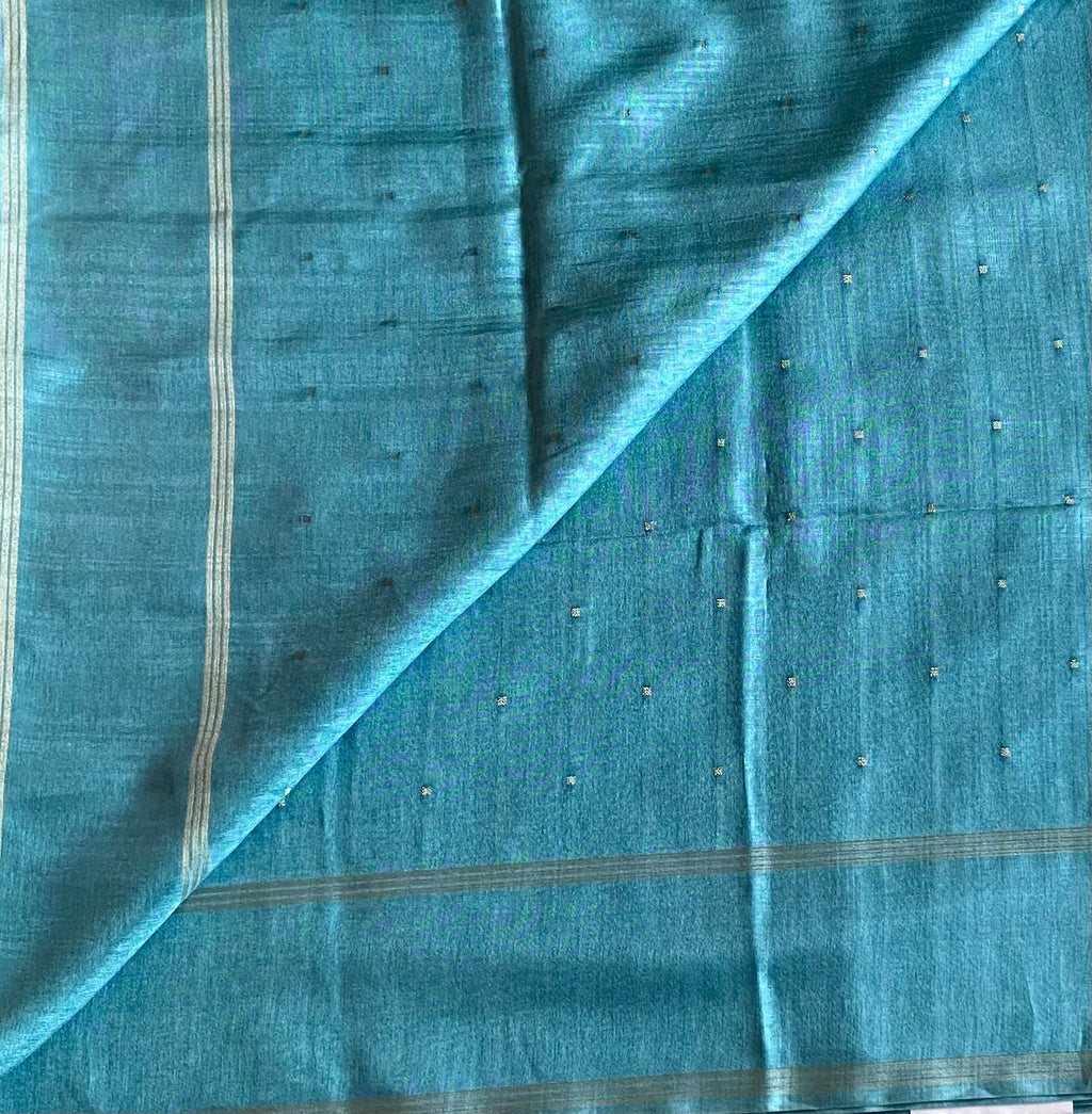 Elegant Powder Blue Soft Premium Tussar With Tiny Zari Woven Buttas