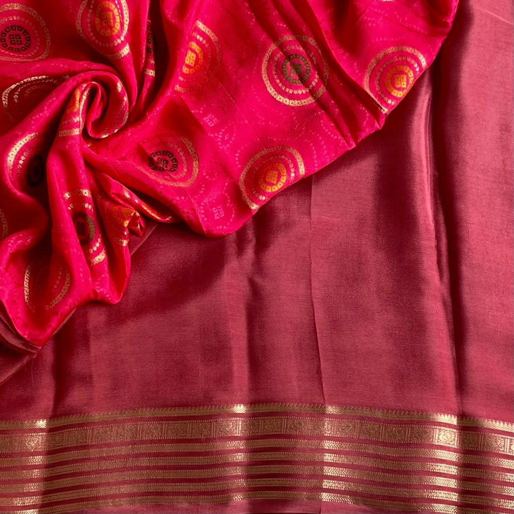 Deep Rose Soft Crepr Silk Saree With Rani Pink Blouse