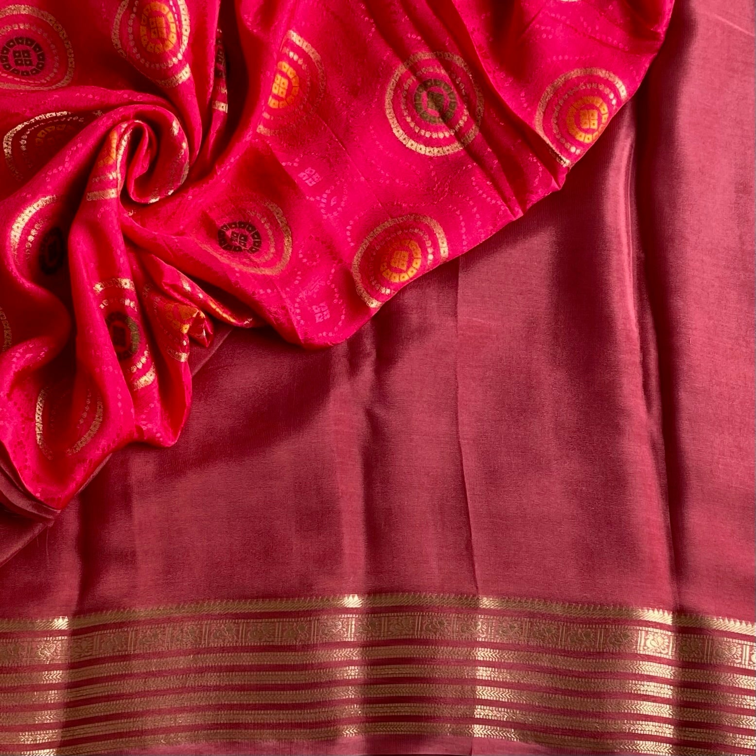 Deep Rose Soft Crepr Silk Saree With Rani Pink Blouse